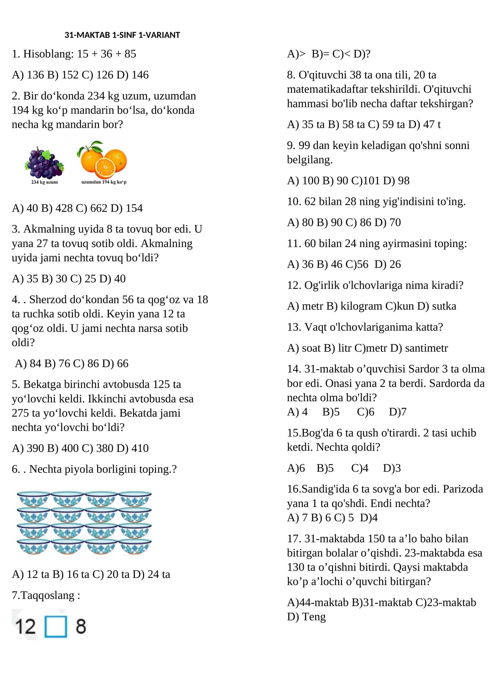 1-sinf Matematika test