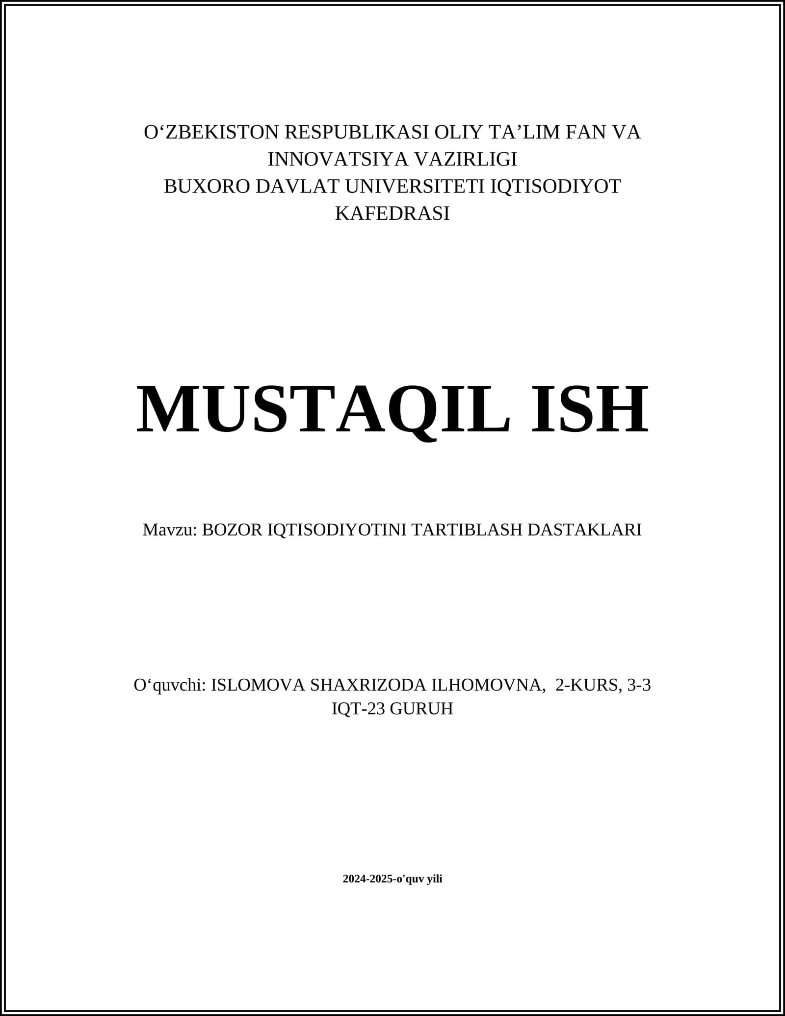 BOZOR IQTISODIYOTINI TARTIBLASH DASTAKLARI