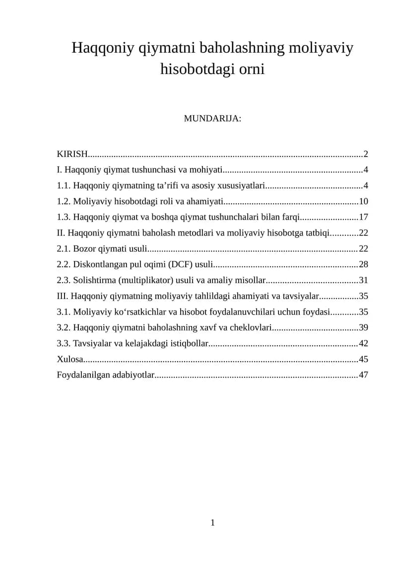 Haqqoniy qiymatni baholashning moliyaviy hisobotdagi orni