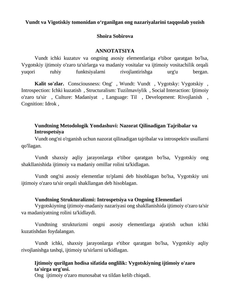 Vundt va Vigotiskiy tomonidan oʻrganilgan ong nazariyalarini taqqoslab yozish