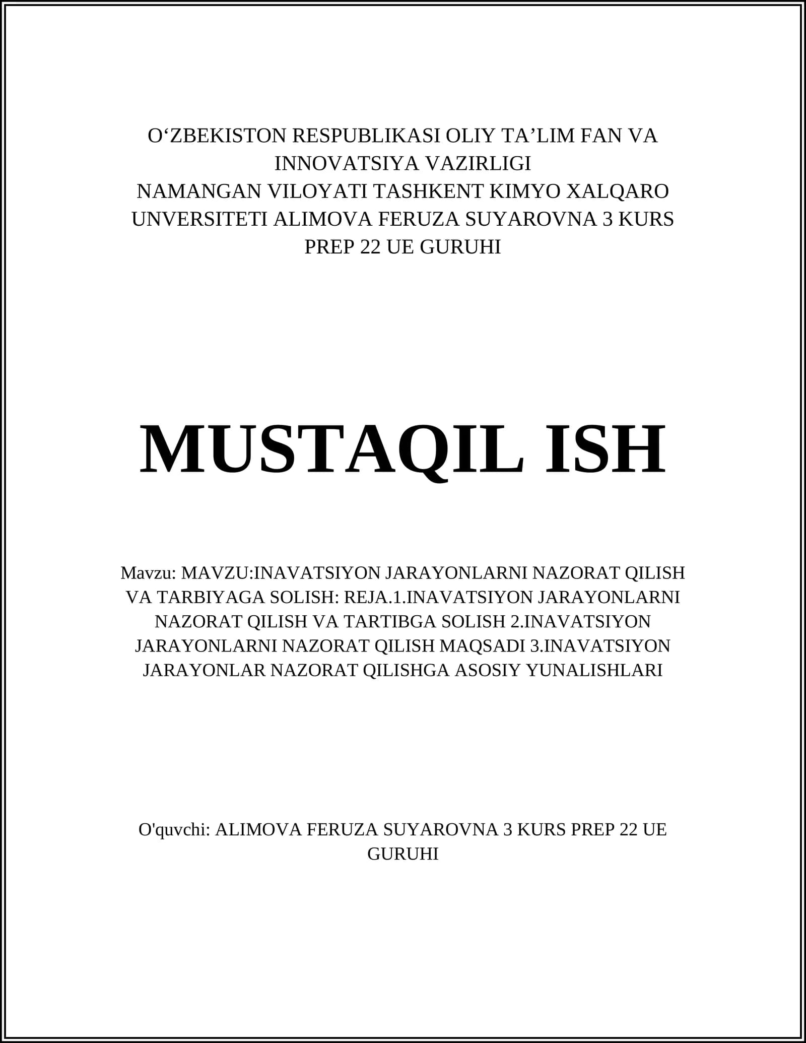 INAVATSIYON JARAYONLARNI NAZORAT QILISH VA TARBIYAGA SOLISH