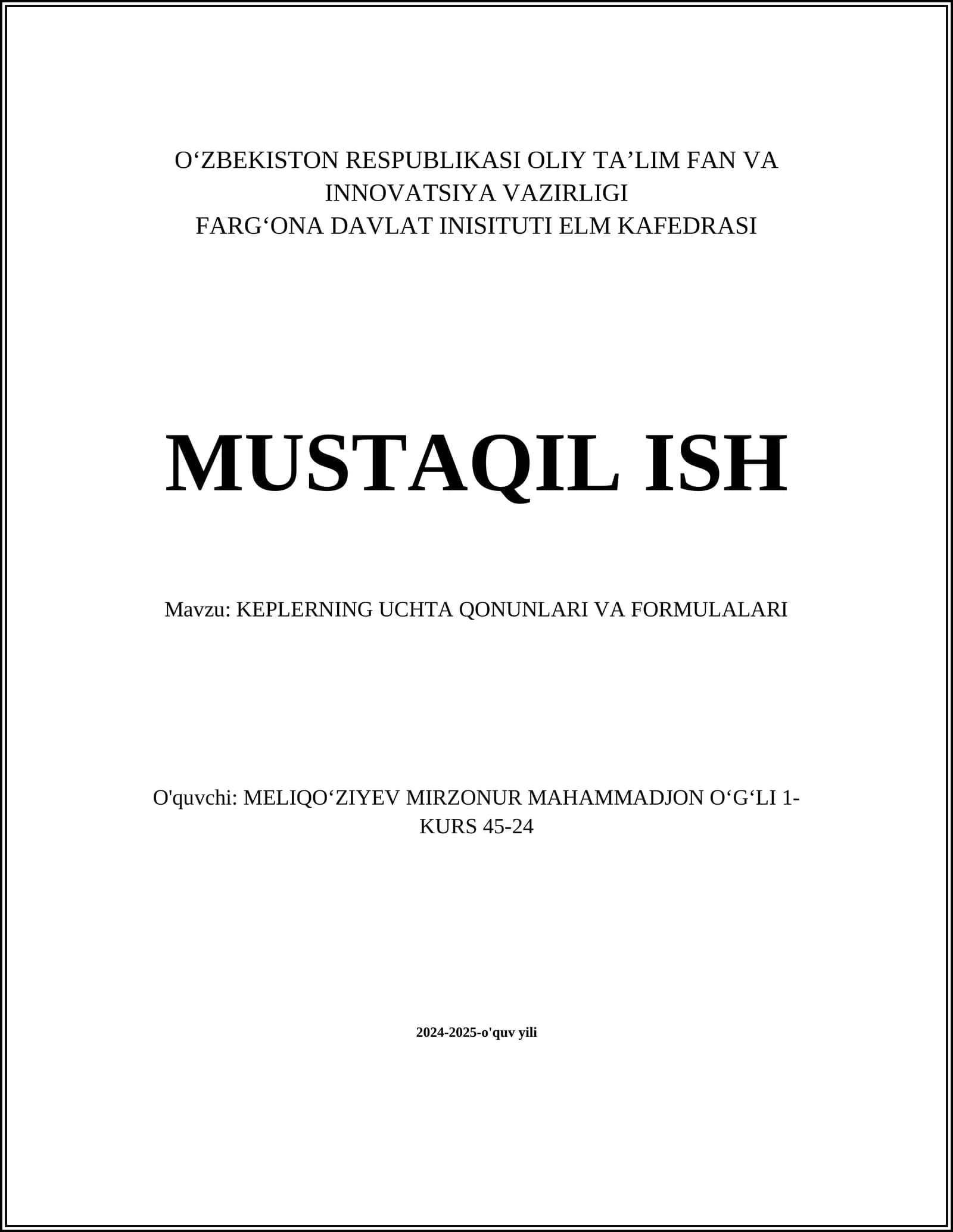 Keplerning Uchta Qonunlari va Formulalari