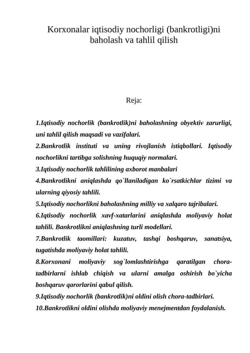 Iqtisodiy nochorlik (bankrotlik)ni baholash va tahlil qilish