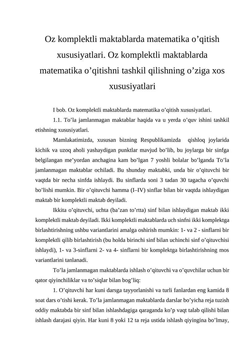 Oz komplektli maktablarda matematika o’qitish xususiyatlari