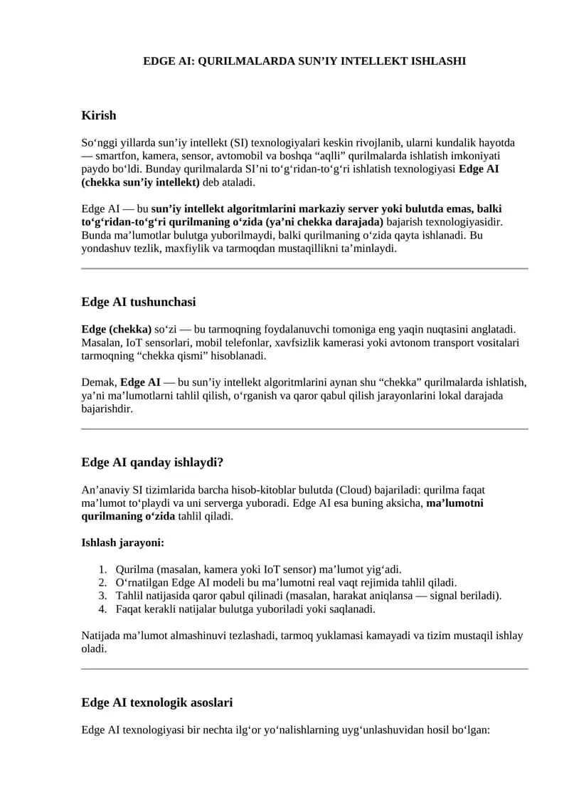 EDGE AI: QURILMALARDA SUN’IY INTELLEKT ISHLASHI