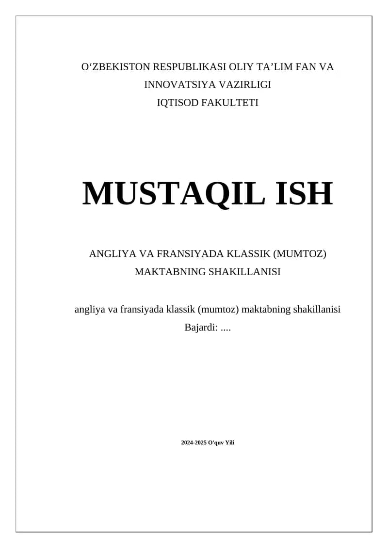 Angliya va Fransiyada klassik (mumtoz) maktabning shakillanisi