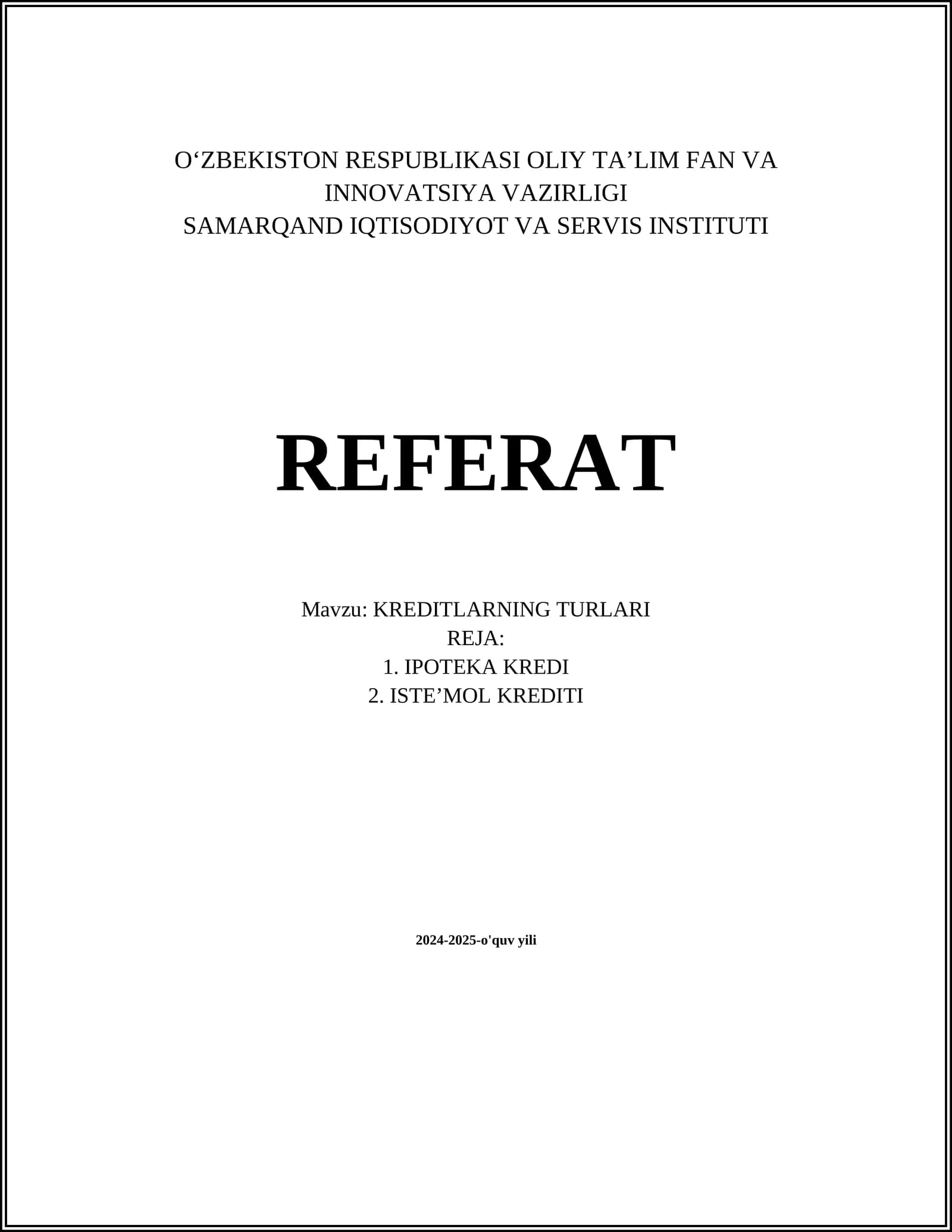 KREDITLARNING TURLARI
