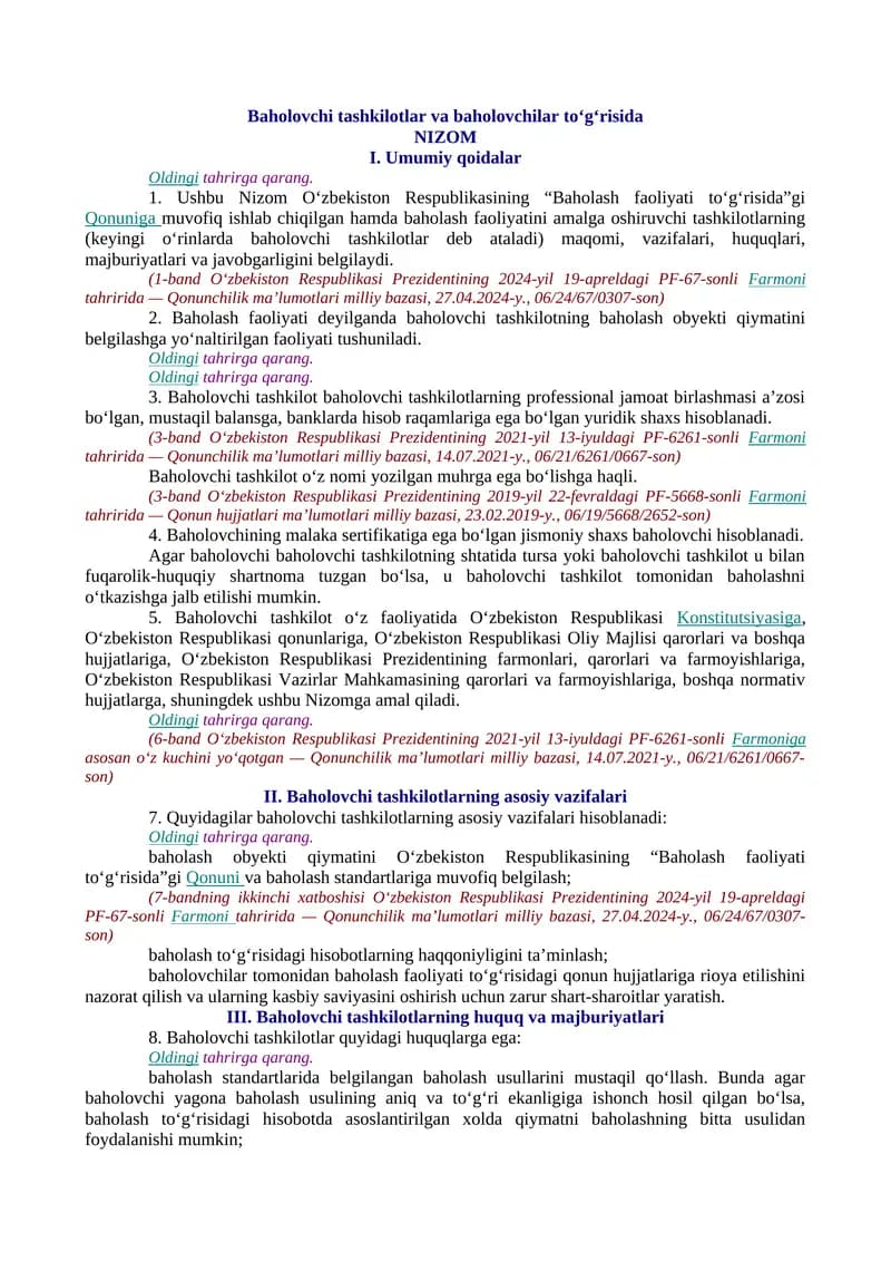 Baholovchi tashkilotlar va baholovchilar to‘g‘risida NIZOM