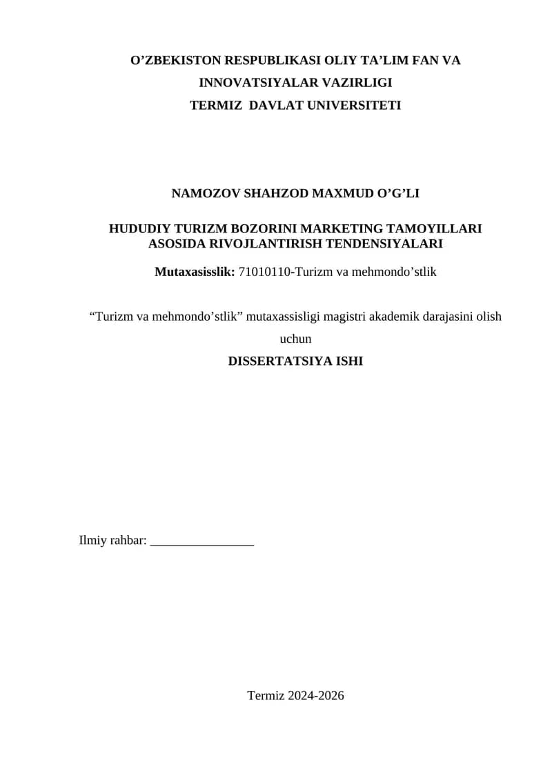 HUDUDIY TURIZM BOZORINI MARKETING TAMOYILLARI ASOSIDA RIVOJLANTIRISH TENDENSIYALARI