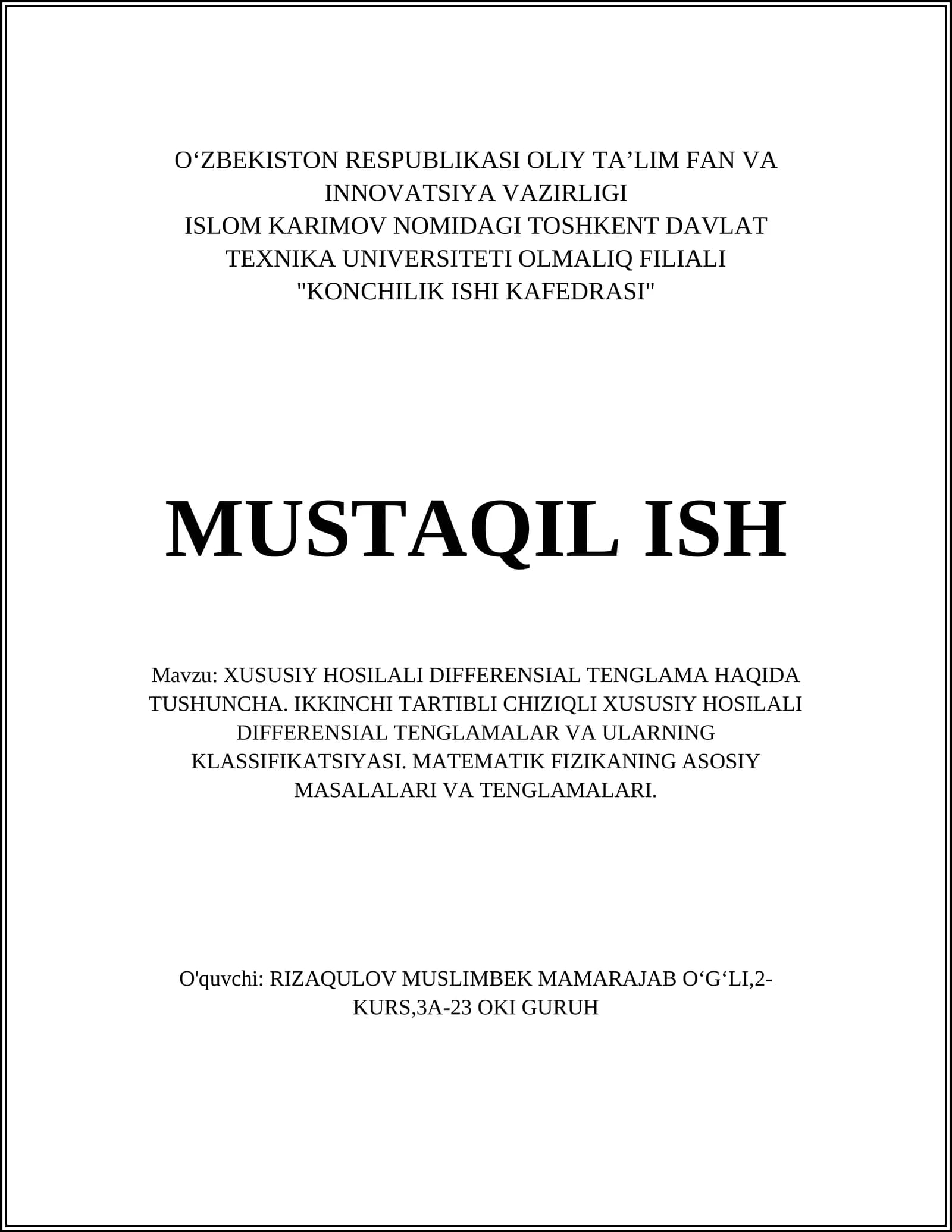 XUSUSIY HOSILALI DIFFERENSIAL TENGLAMA HAQIDA TUSHUNCHA
