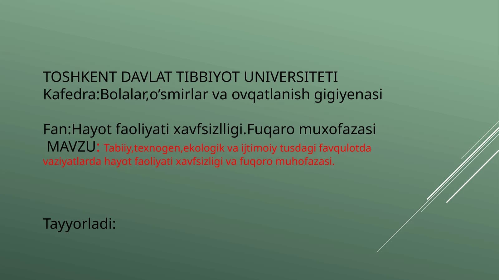 Tabiiy, texnogen, ekologik va ijtimoiy tushlar dagi favqulot davaziyatlari haqida