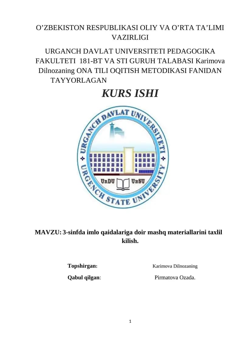 3-sinfda imlo qaidalariga doir mashq materiallarini taxlil kilish