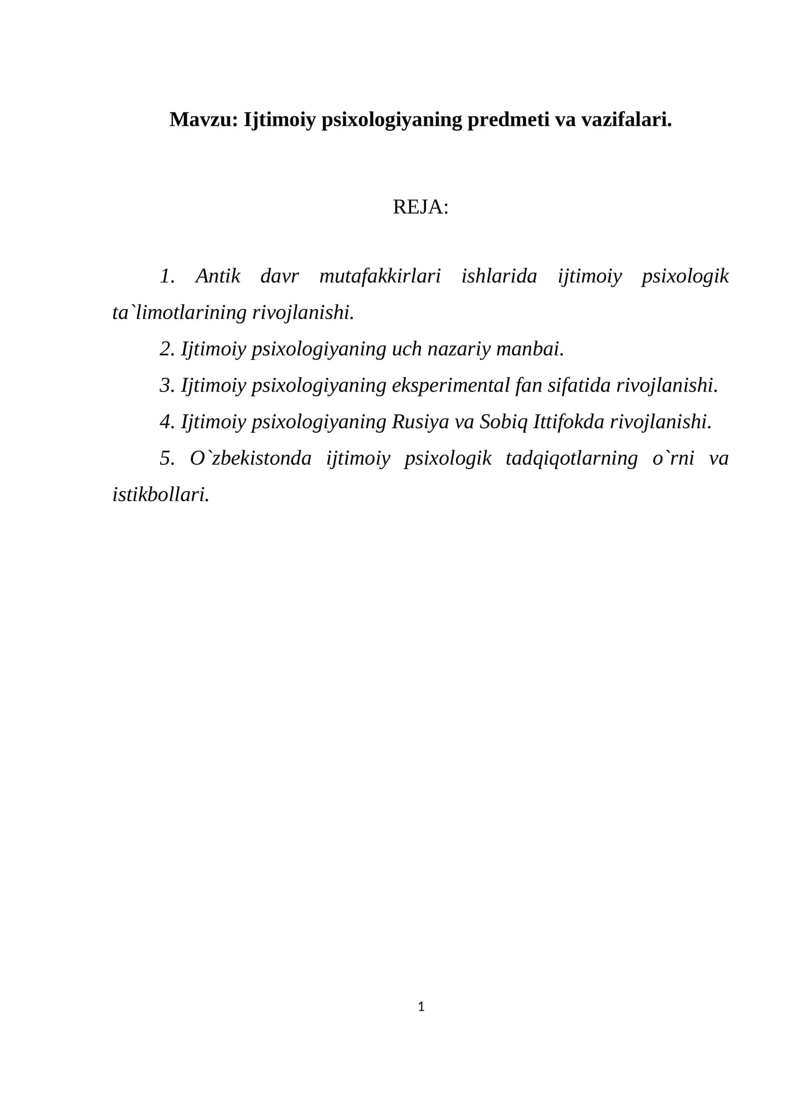 Ijtimoiy psixologiyaning predmeti va vazifalari