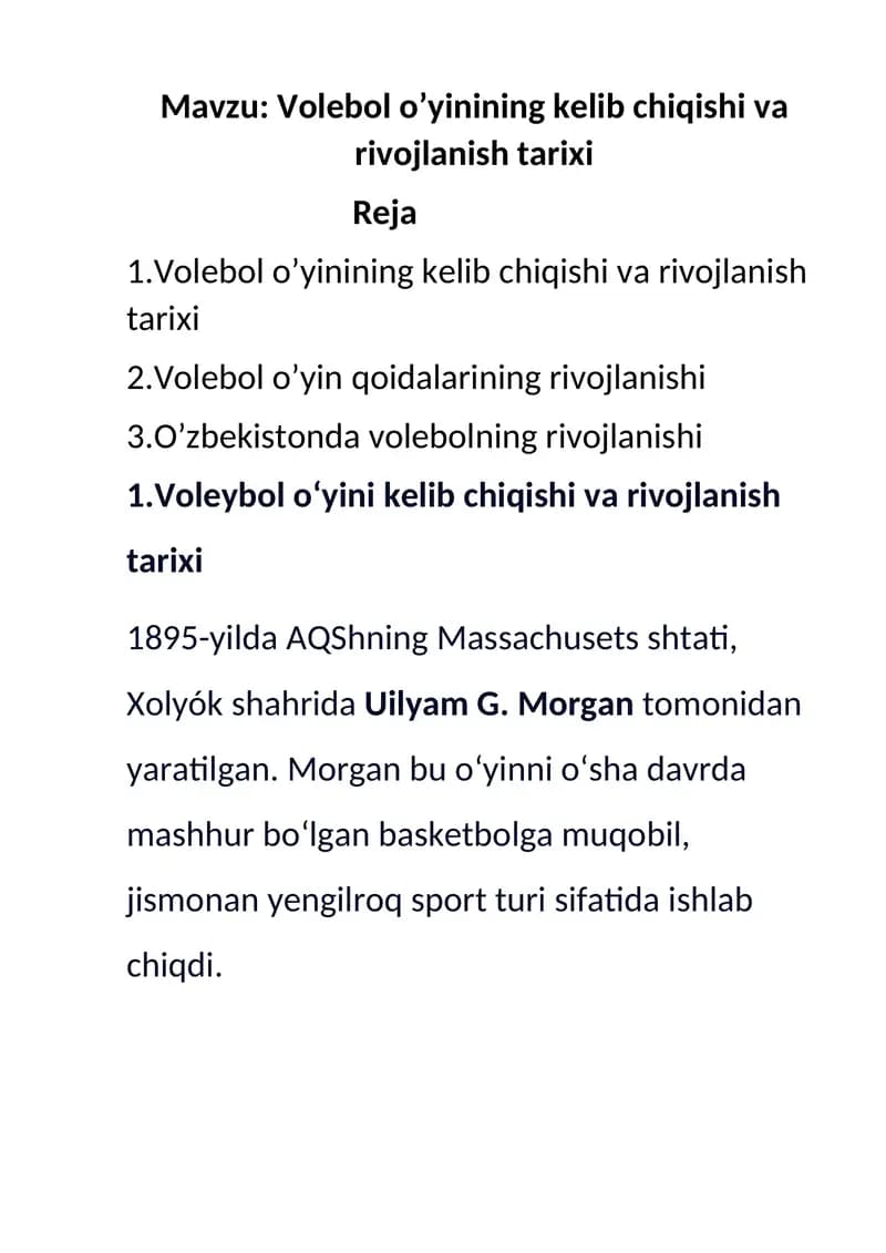 Volebol o’yinining kelib chiqishi va rivojlanish tarixi