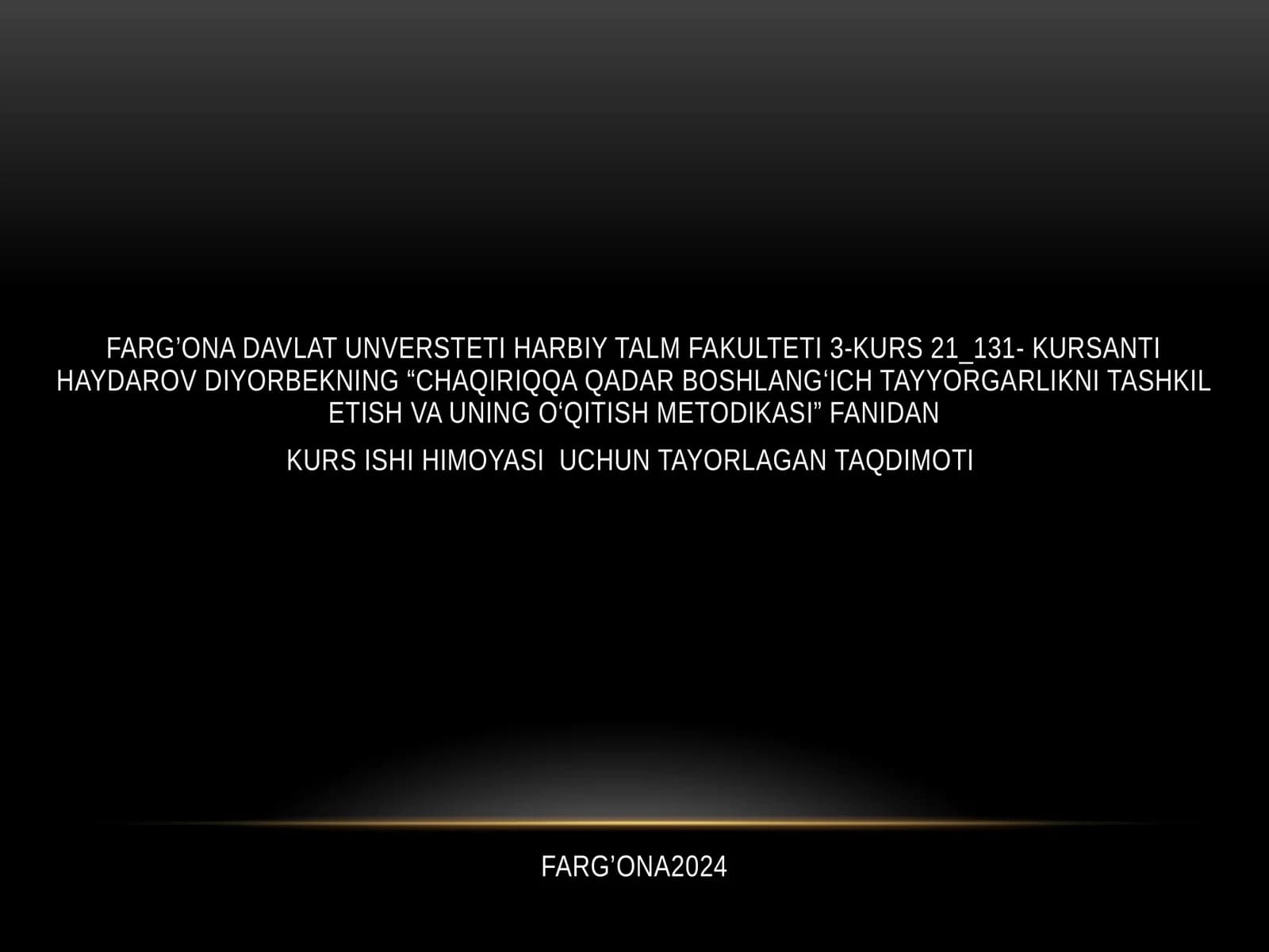 "CHAQIRIQQA QADAR BOSHLANG‘ICH TAYYORGARLIKNI TASHKIL ETISH VA UNING O‘QITISH METODIKASI" FANIDAN KURS ISHI HIMOYASI UCHUN TAYORLAGAN TAQDIMOTI