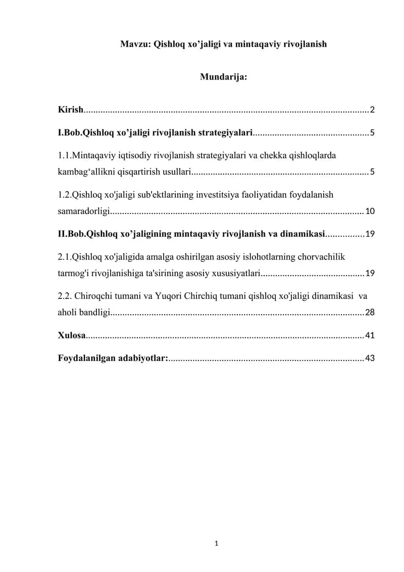 Qishloq xo’jaligi va mintaqaviy rivojlanish