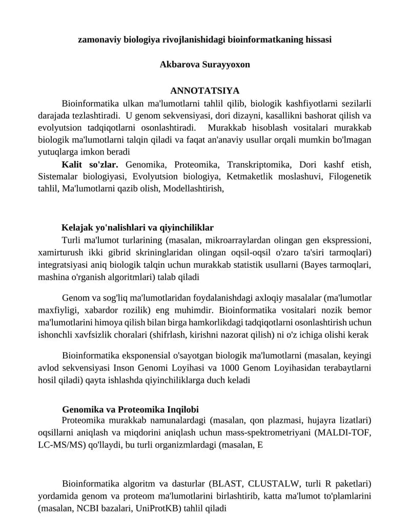 Zamonaviy biologiya rivojlanishidagi bioinformatkaning hissasi