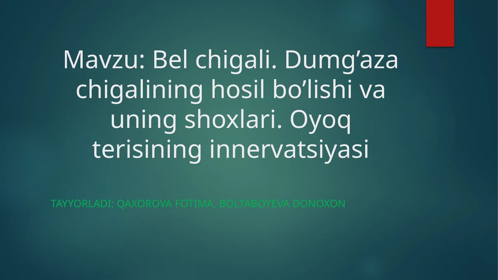 Bel chigali. Dumg’aza chigalining hosil bo’lishi va uning shoxlari. Oyoq terisining innervatsiyasi