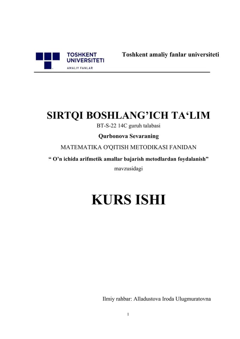 O’n ichida arifmetik amallar bajarish metodlardan foydalanish