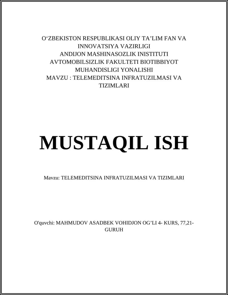 TELEMEDITSINA INFRATUZILMASI VA TIZIMLARI