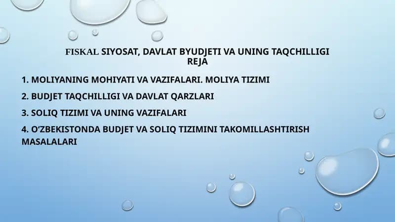 Davlat budjeti – bu davlat daromadlari va xarajatlar hamda ularni moliyaviy qoplash manbalarining yillik rejasidir
