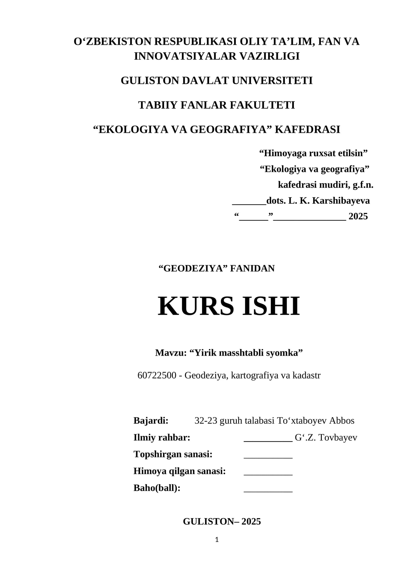 Yirik masshtabli syomka - Geodeziya kurs ishi