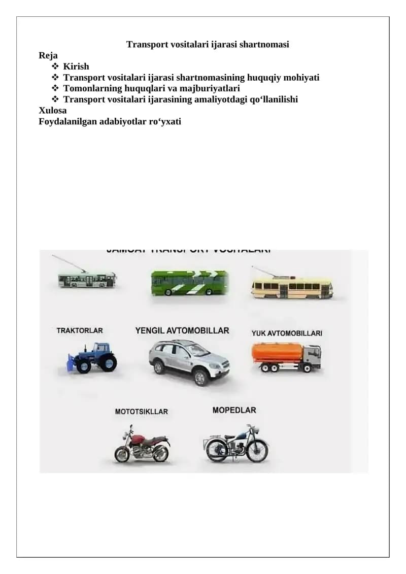 Transport vositalari ijarasi shartnomasi