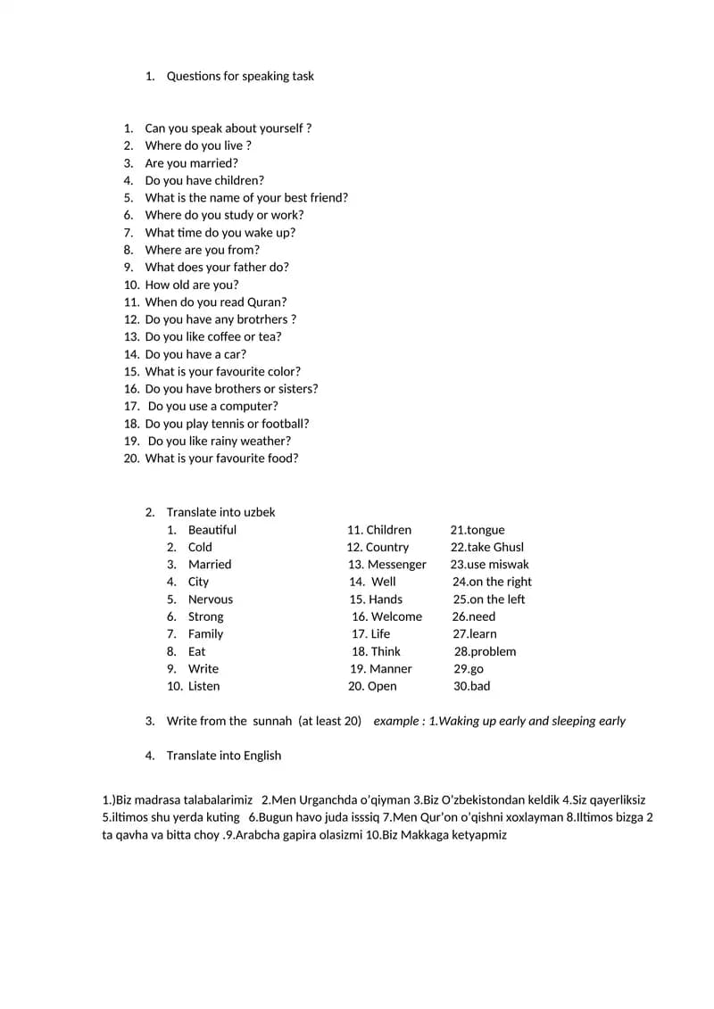 Questions for speaking task
