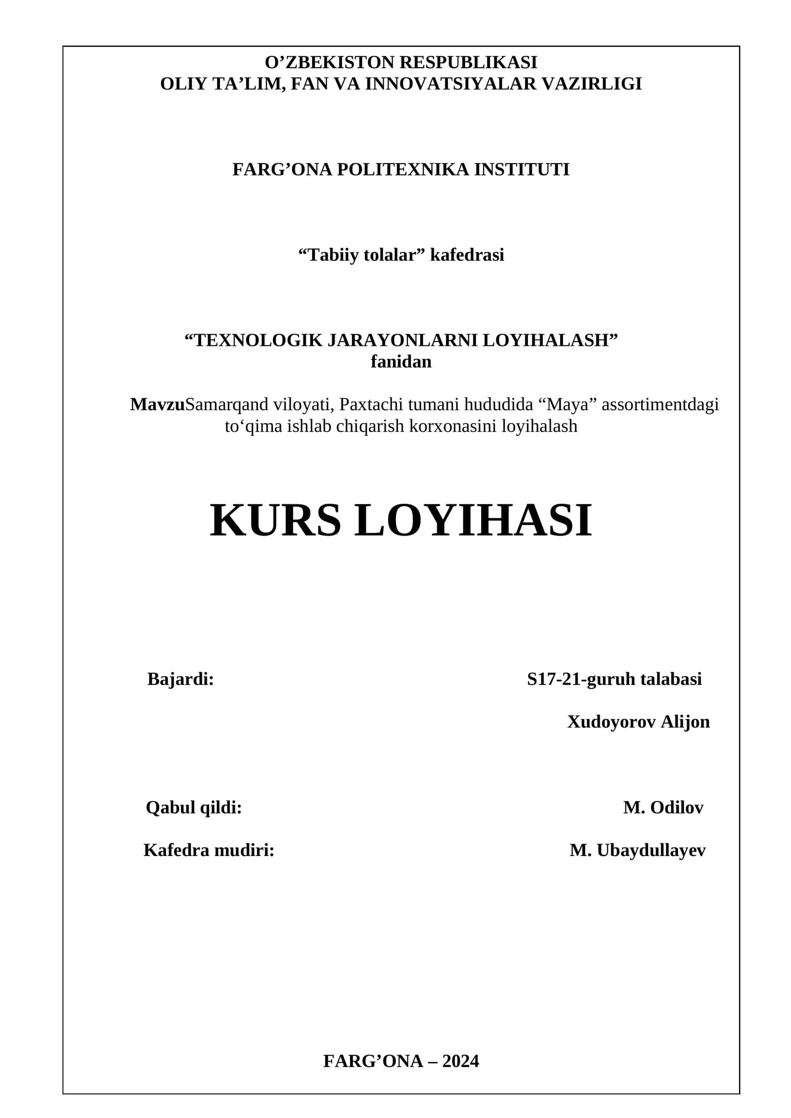 Samarqand viloyati, Paxtachi tumani hududida “Maya” assortimentdagi to‘qima ishlab chiqarish korxonasini loyihalash