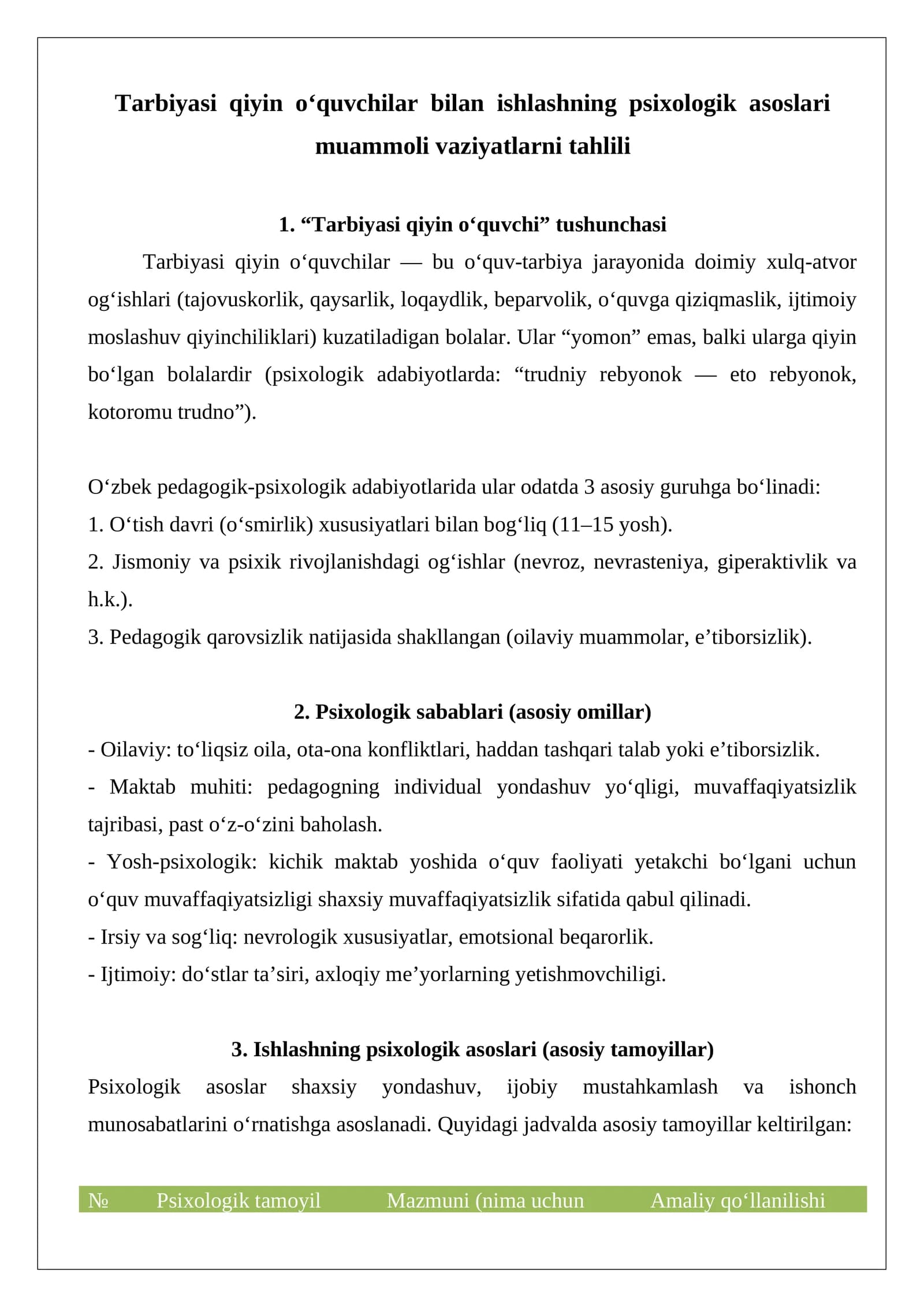 Tarbiyasi qiyin o‘quvchilar bilan ishlashning psixologik asoslari