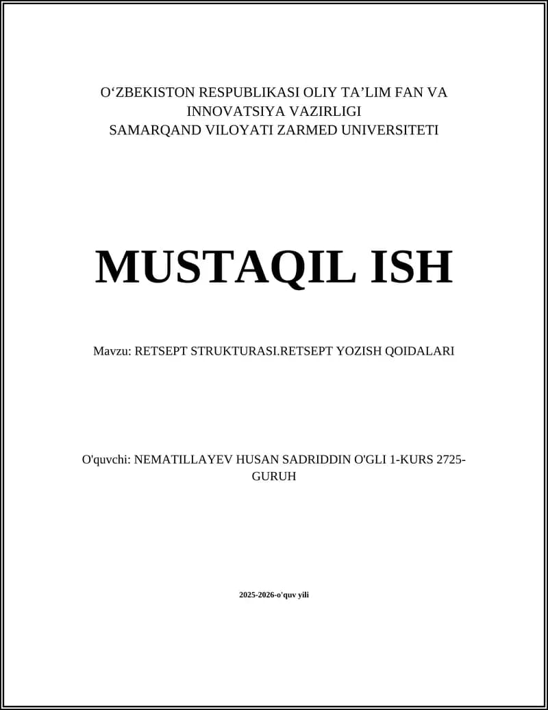 RETSEPT STRUKTURASI.RETSEPT YOZISH QOIDALARI