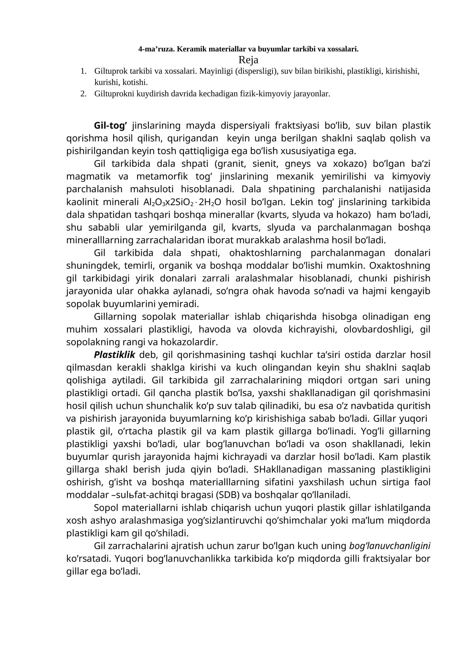 Keramik materiallar va buyumlar tarkibi va xossalari