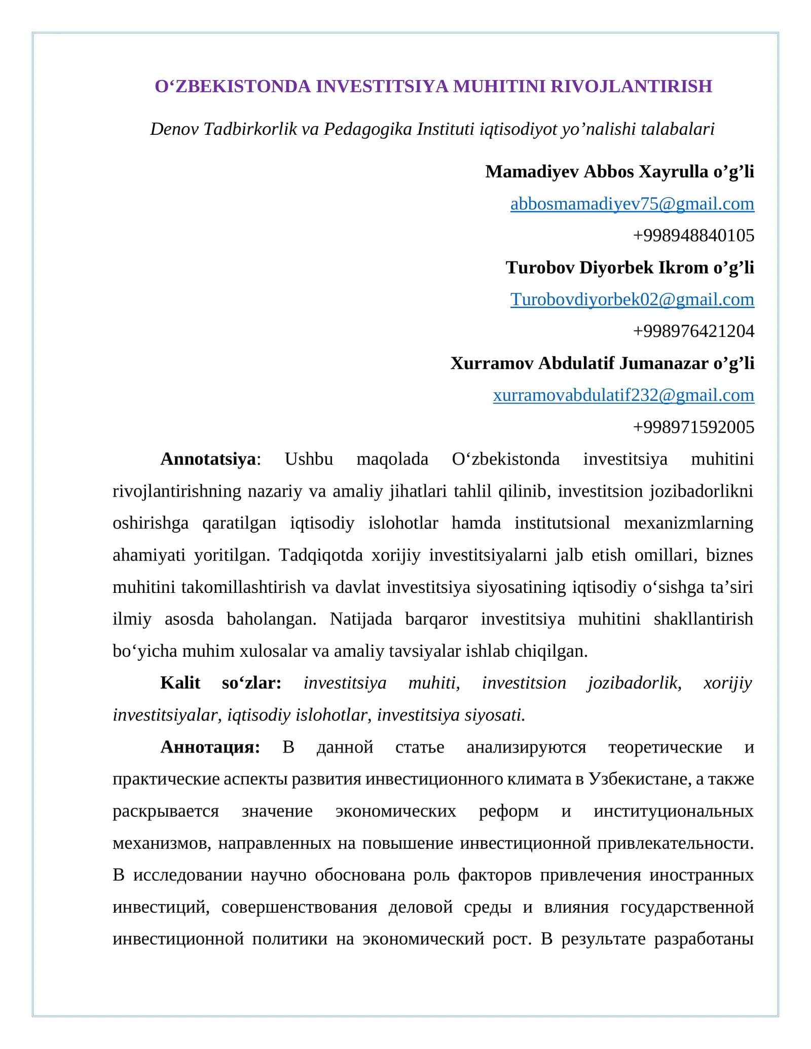 O‘ZBEKISTONDA INVESTITSIYA MUHITINI RIVOJLANTIRISH