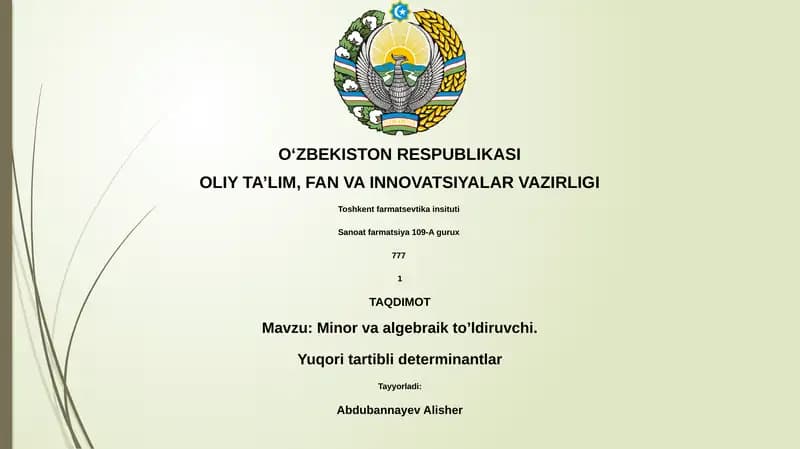 Minor va algebraik to’ldiruvchi