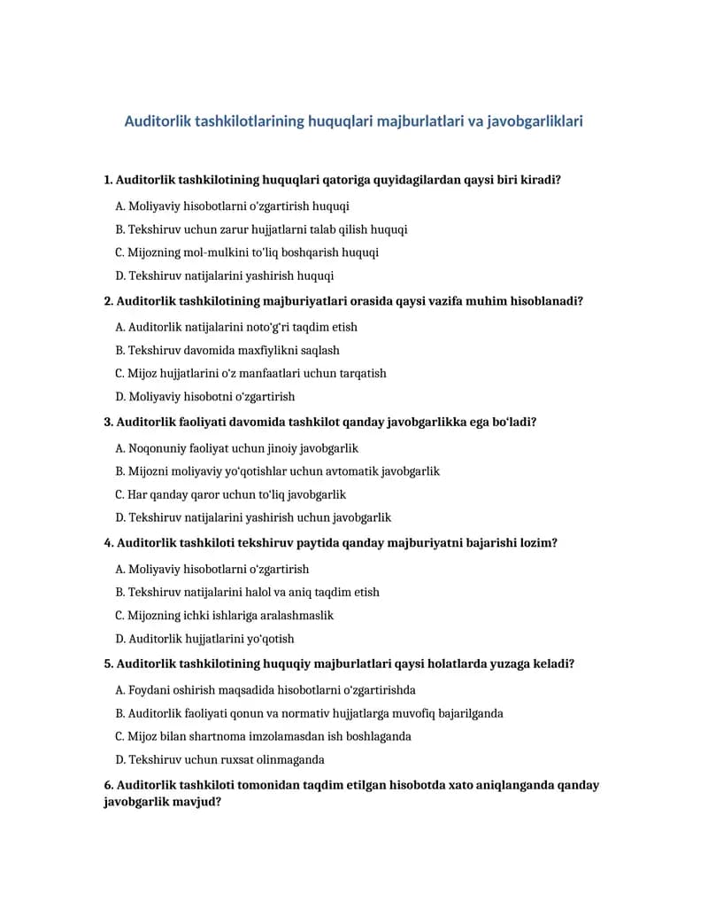Auditorlik tashkilotlarining huquqlari majburlatlari va javobgarliklari