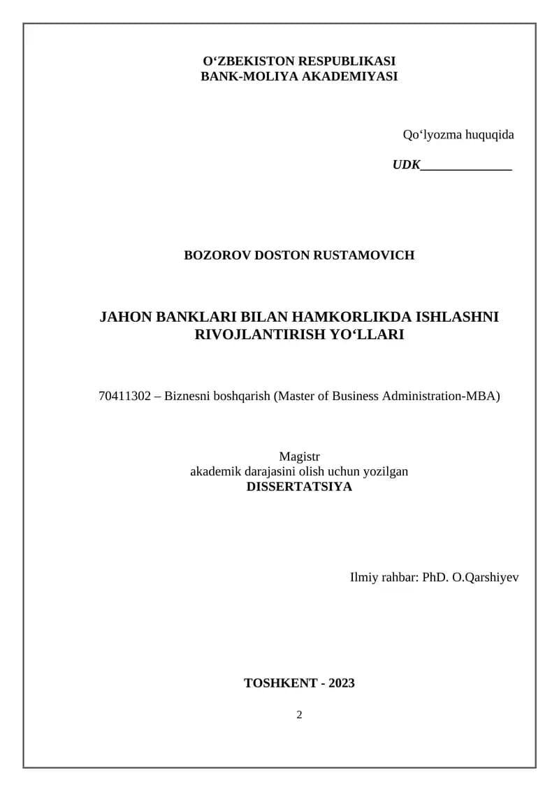 JAHON BANKLARI BILAN HAMKORLIKDA ISHLASHNI RIVOJLANTIRISH YO‘LLARI