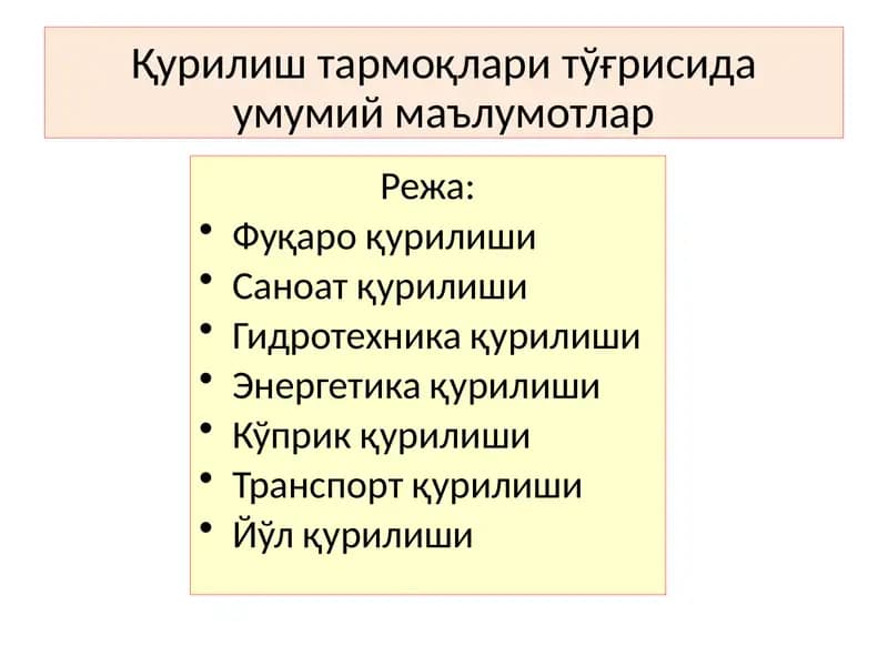 Қурилиш тармоқлари тўғрисида умумий маълумотлар