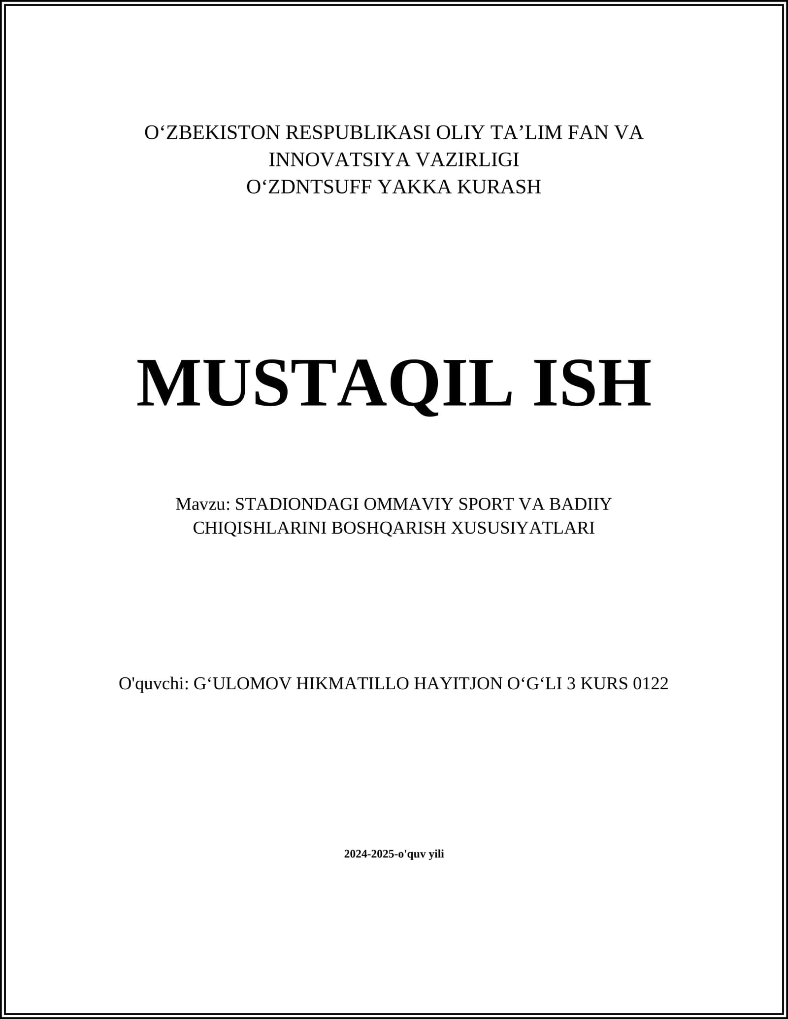 STADIONDAGI OMMAVIY SPORT VA BADIIY CHIQISHLARINI BOSHQARISH XUSUSIYATLARI