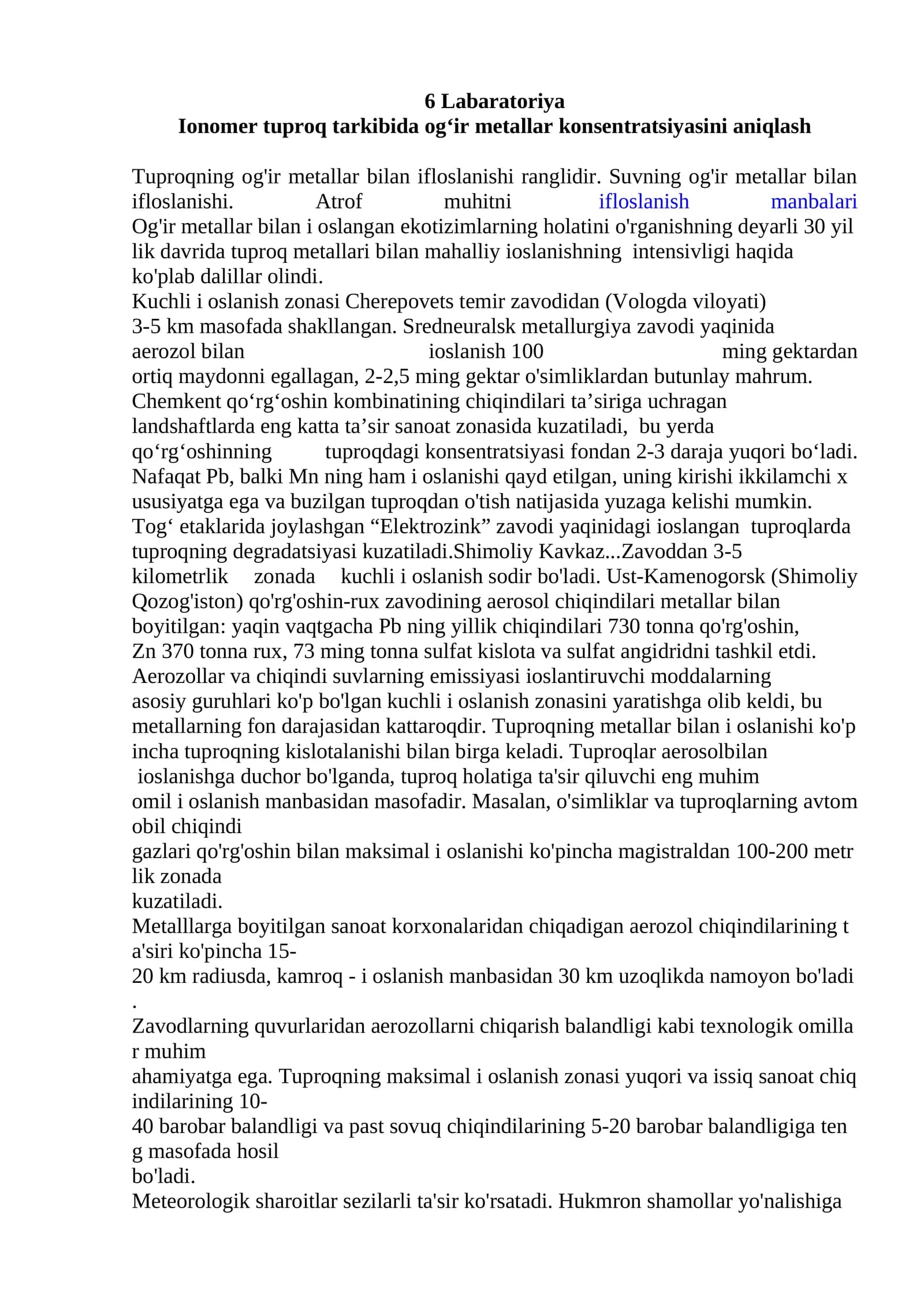 Ionomer tuproq tarkibida og‘ir metallar konsentratsiyasini aniqlash