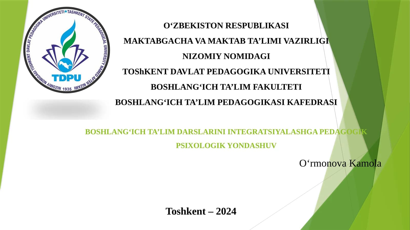 BOSHLANG‘ICH TA’LIM DARSLARINI INTEGRATSIYALASHGA PEDAGOGIK PSIXOLOGIK YONDASHUV