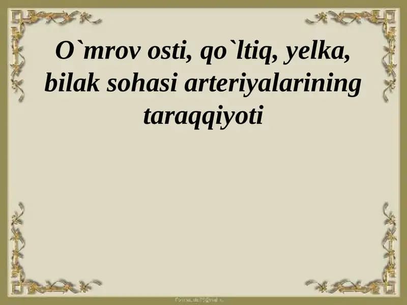 O`mrovosti, qo`ltiq, yelka, bilaksohasi arteriyalarining taraqqiyoti