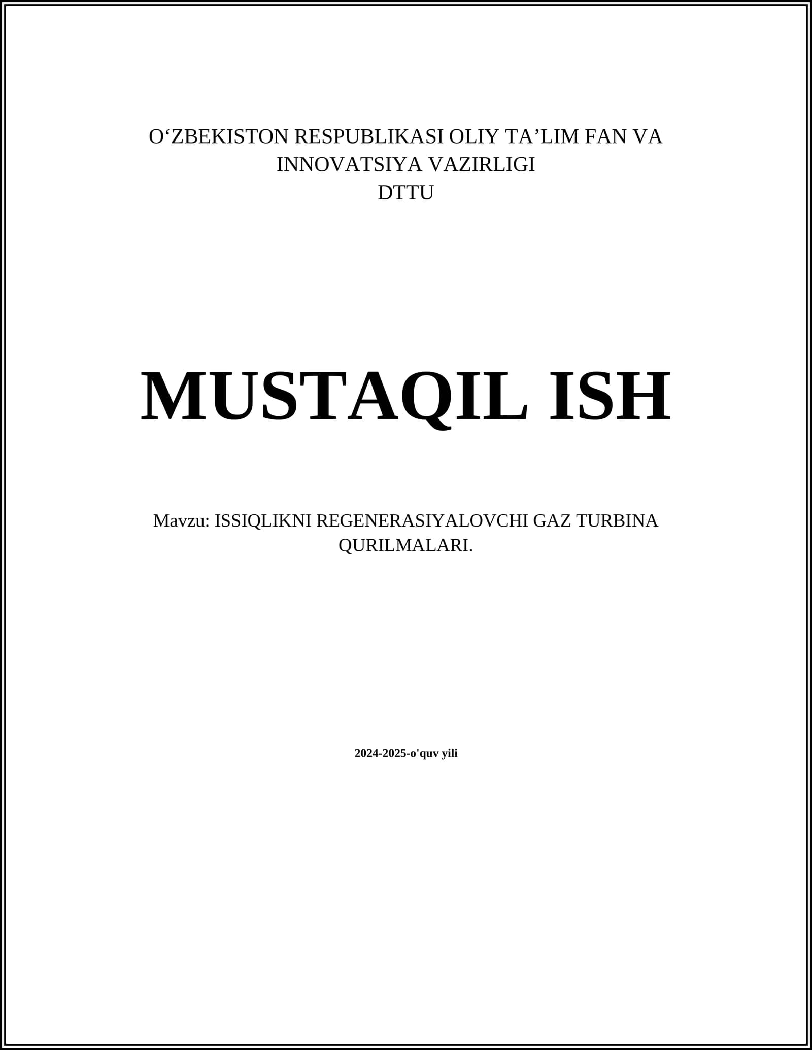 ISSIQLIKNI REGENERASIYALOVCHI GAZ TURBINA QURILMALARI