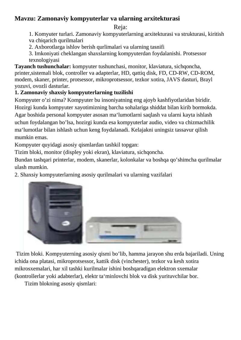 Zamonaviy kompyuterlar va ularning arxitekturasi