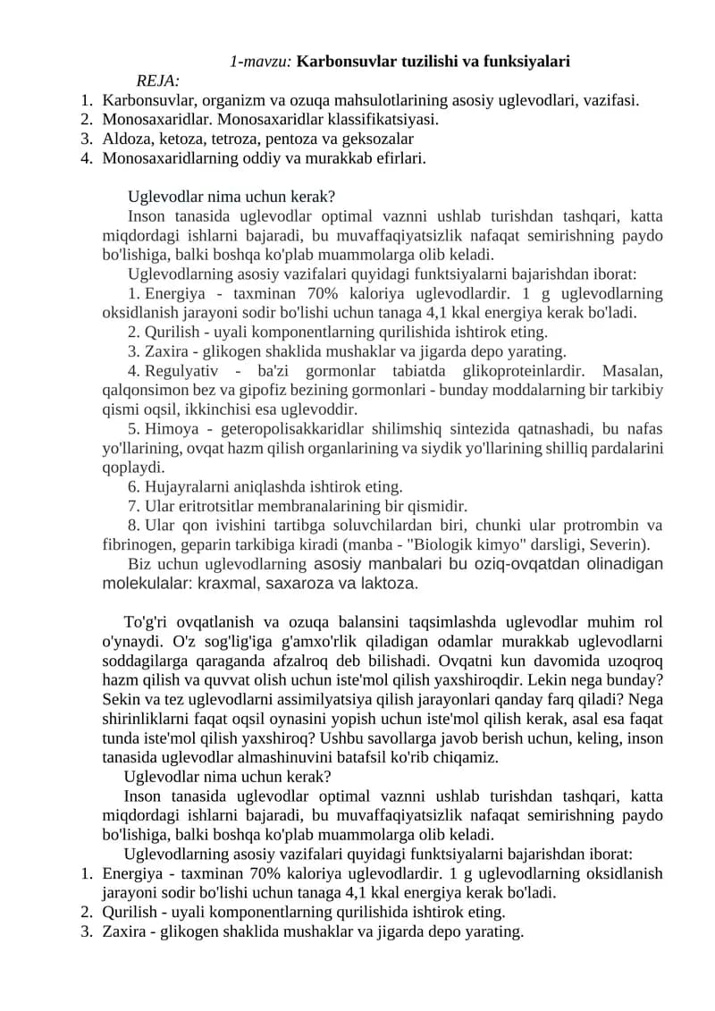 Karbonsuvlar tuzilishi va funksiyalari