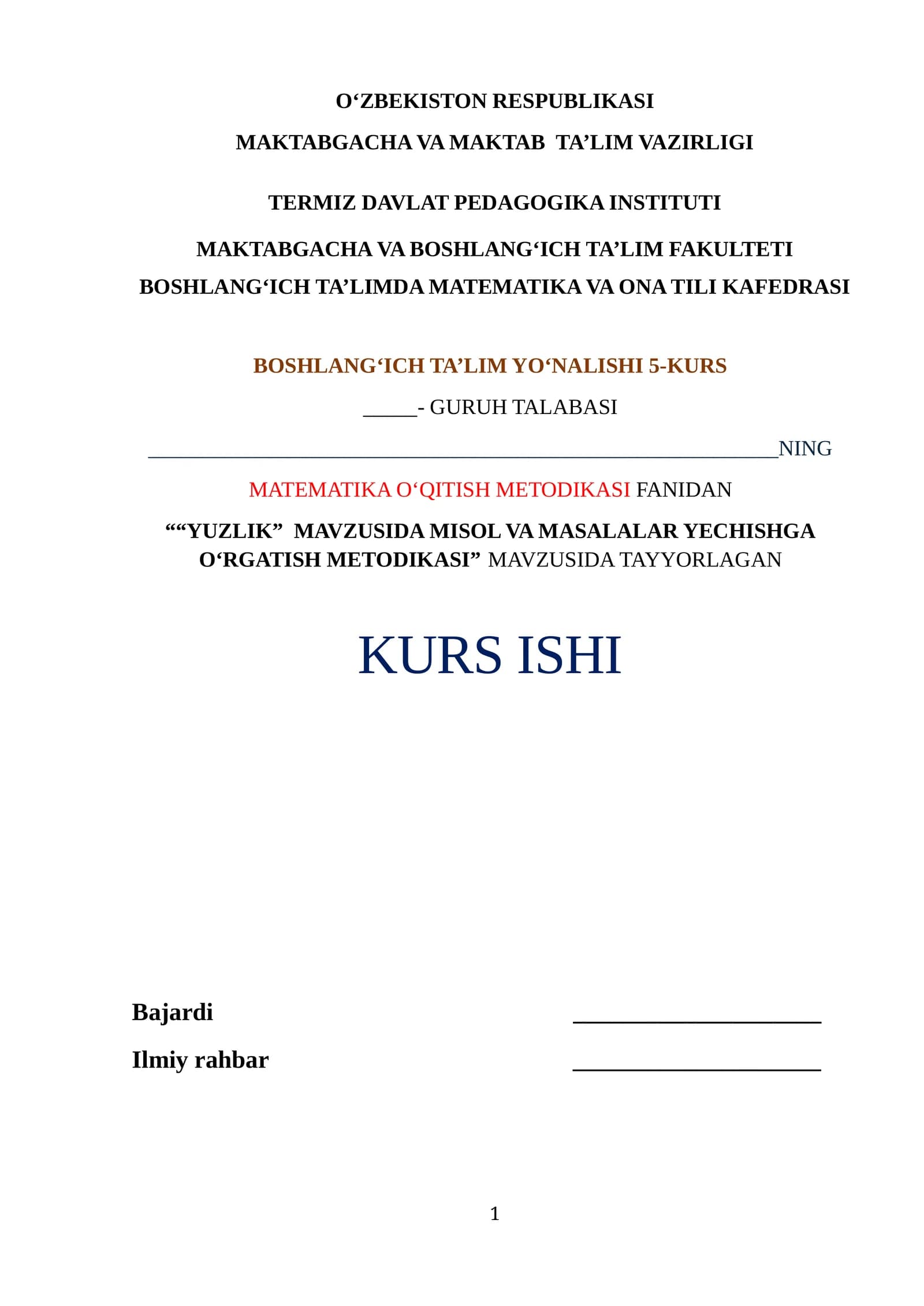 "YUZLIK" MAVZUSIDA MISOL VA MASALALAR YECHISHGA O‘RGATISH METODIKASI