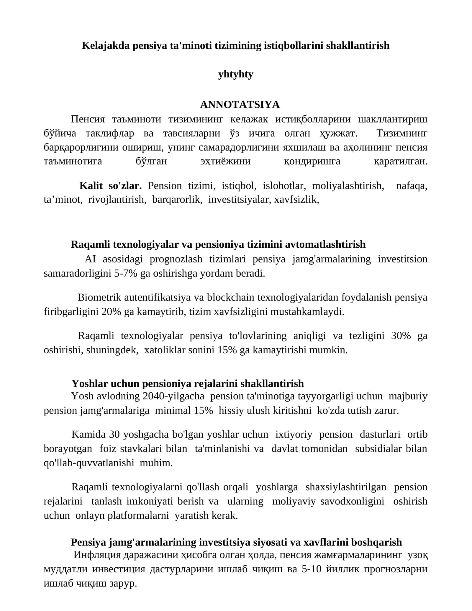 Kelajakda pensiya ta'minoti tizimining istiqbollarini shakllantirish