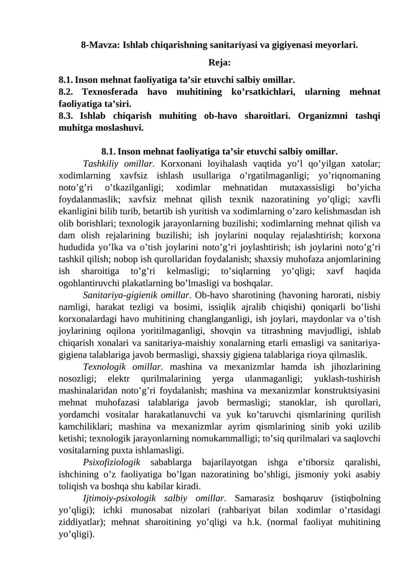Ishlab chiqarishning sanitariyasi va gigiyenasi meyorlari