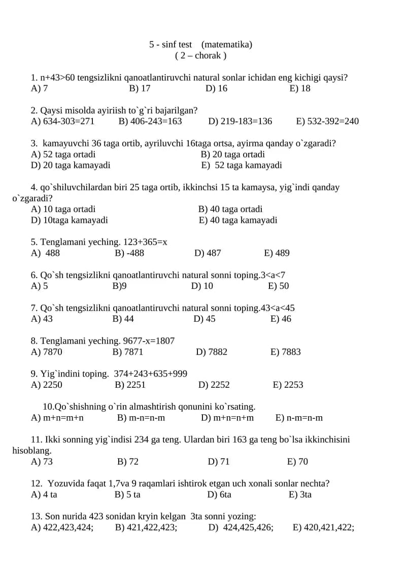 5 - sinf test (matematika)