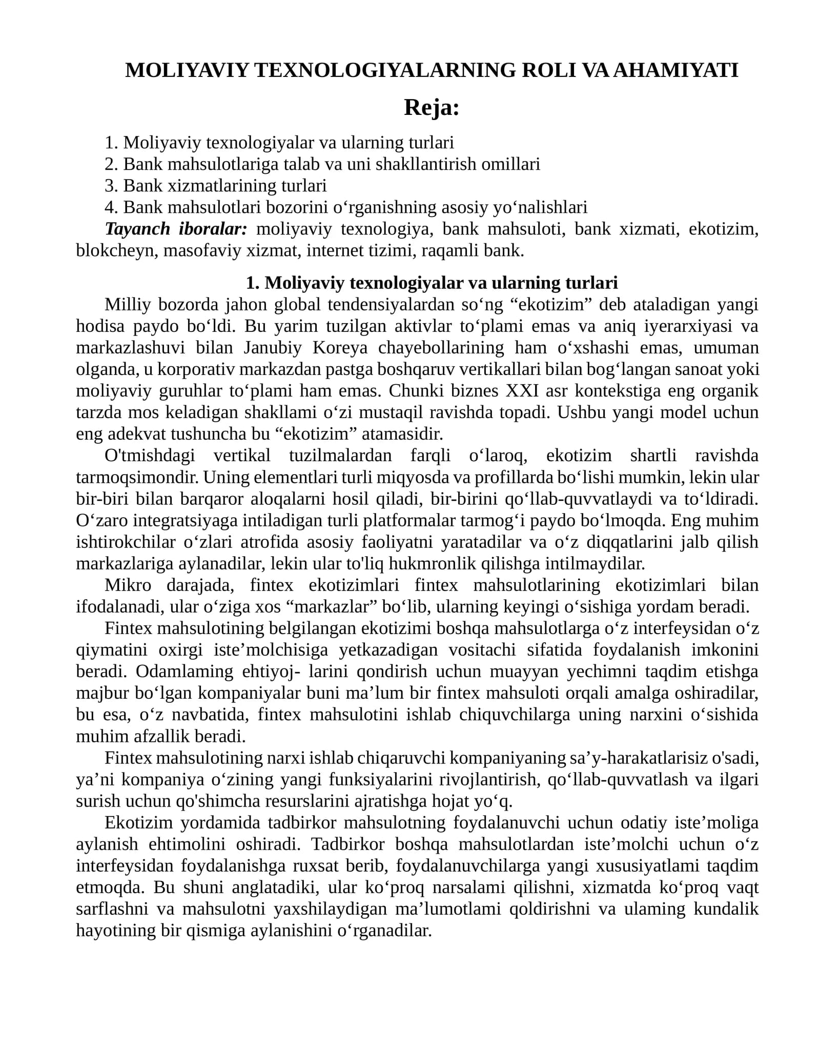 MOLIYAVIY TEXNOLOGIYALARNING ROLI VA AHAMIYATI
