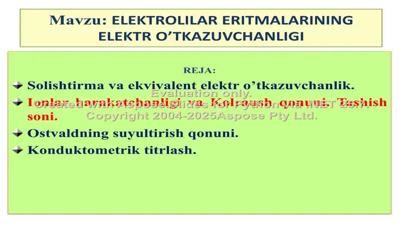 Elektrolitlar eritmalarining elektr o‘tkazuvchanligi